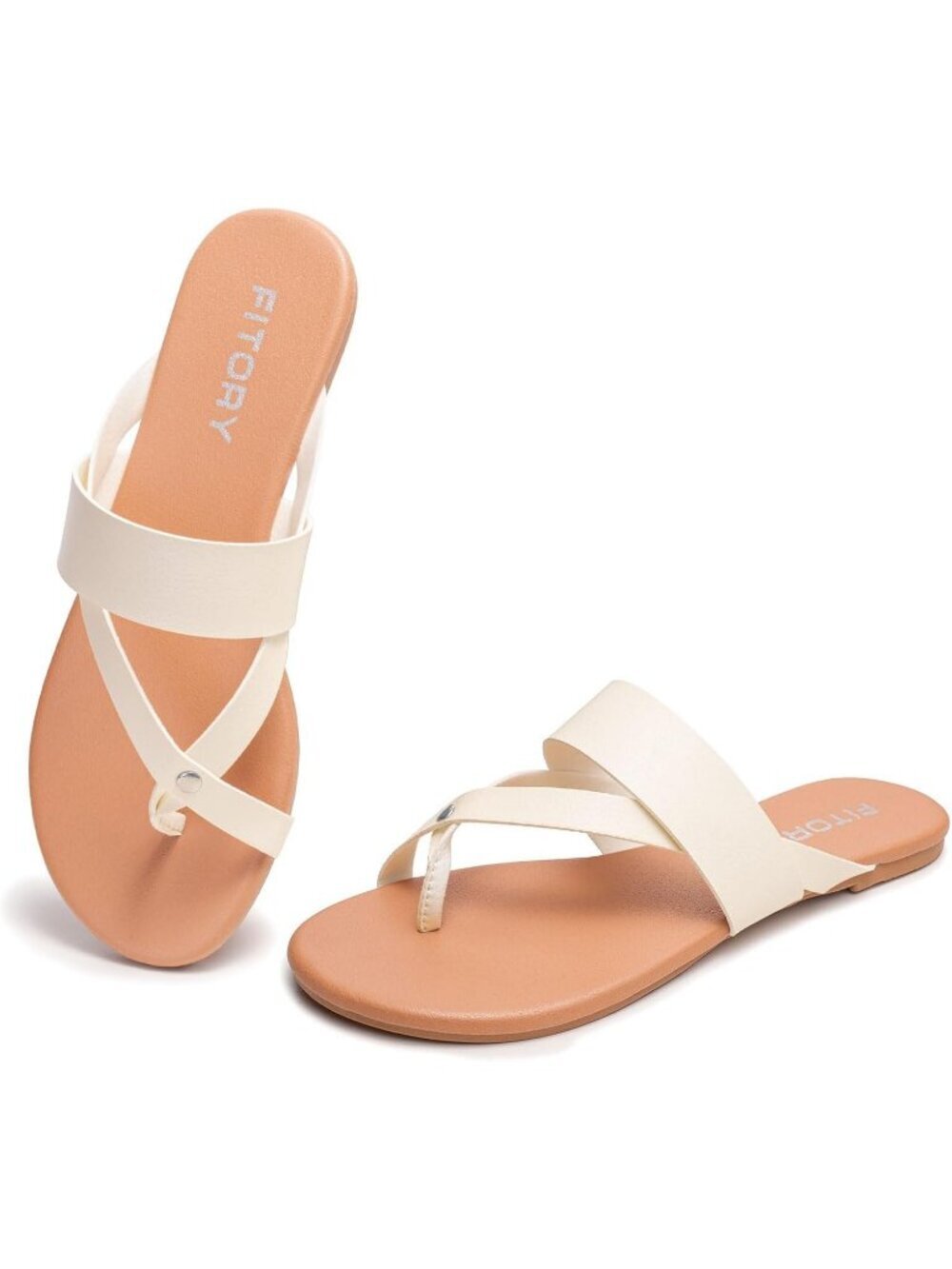 Womens Round Beige Flat With Casual Slides And Flip Flop Split Toe Style Sandals
